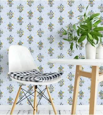 Papel de parede em tons azul petrôleo amarelo e laranja verde musgo detalhes em azul petrôleo e fundo azul - Encanto 10