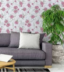Papel de parede floral com fundo branco e detalhes cinza claro flores em tons de rosa com galhos verdes - Encanto 21