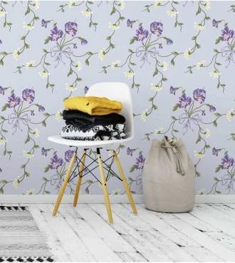 Papel de parede floral tons claros de azul branco e amarela folhagem em verde musgo e fundo roxo - Encanto 08