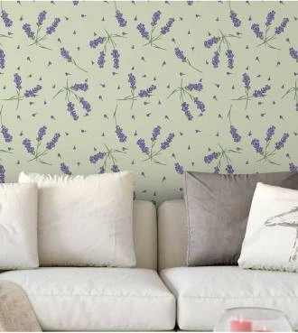 Papel de parede floral com fundo verde claro galhos verdes e flores em tons de roxo - Encanto 24