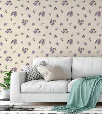 Papel de parede floral tons nude flores roxas com galhos em verde musgo tons de azul - Encanto 01
