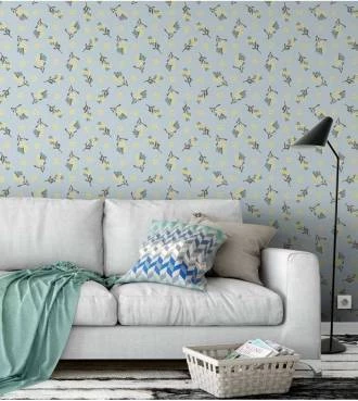 Papel de parede floral tons nude flores amarelas com galhos em marrons tons de azul - Encanto 02