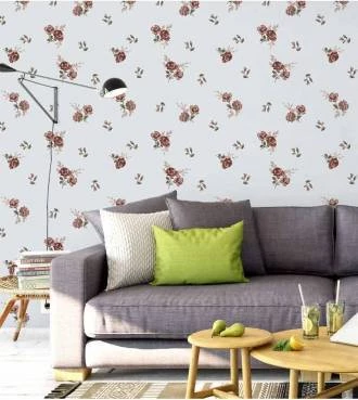 Papel de parede floral com fundo cinza claro e detalhes em tons de marrom bege e verde musgo - Encanto 20