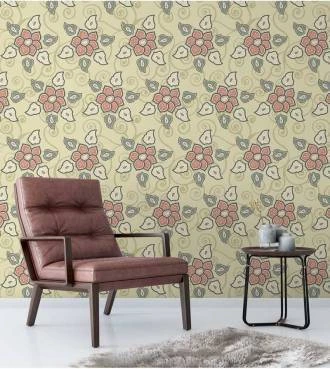 Papel de parede floral em tons cinza verde e vermelho com alguns detalhes branco - Glamour 21