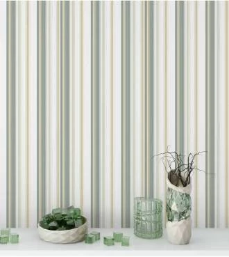 Papel de parede listrado verde amarelo e branco