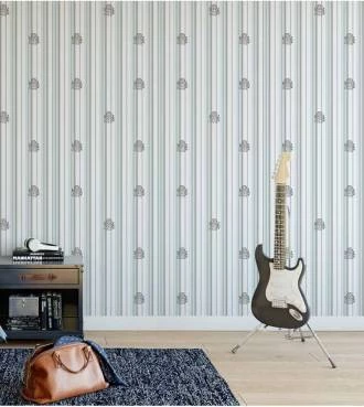 Papel de parede com fundo branco com linhas e detalhes em tons de cinza e azul claro - Casual 39