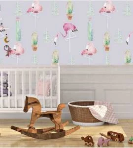 Papel de parede flamingos e cactos