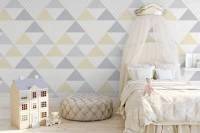Papel de parede infantil com triângulos bege cinza e branco 2182-5620