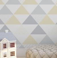 Papel de parede infantil com triângulos bege cinza e branco 2182-5621