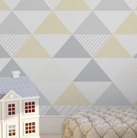 Papel de parede infantil com triângulos bege cinza e branco