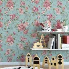 Papel de parede floral rosas e azul