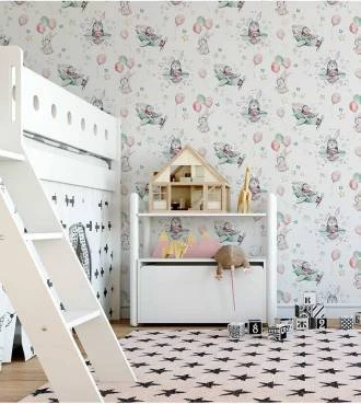 Papel de parede infantil com avião e coelhinho
