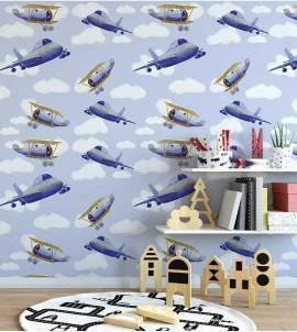 Papel de parede infantil de avião azul
