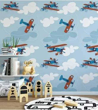Papel de parede infantil de avião azul
