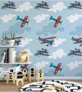 Papel de parede infantil de avião azul