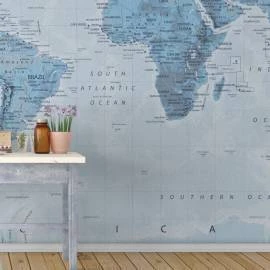 Papel de Parede Mapa do Mundo Azul Claro