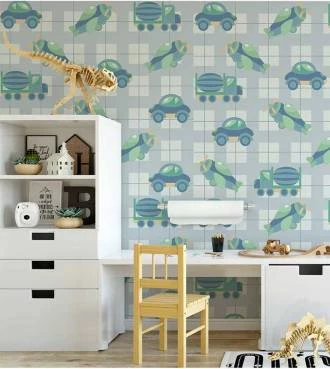 Papel de parede infantil carrinhos e aviões