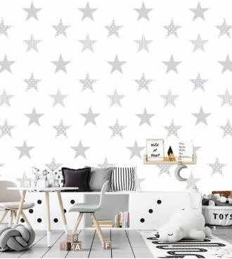 Papel de parede infantil poá de estrelas cinza