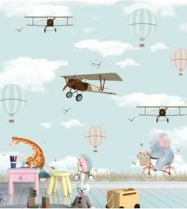Papel de parede infantil aviões e balões