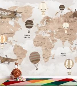 Papel de parede mapa mundi infantil com aviões e balões