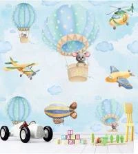 Papel de parede infantil balões e aviões em tons de azul 2820-7052