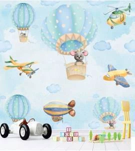 Papel de parede infantil balões e aviões em tons de azul