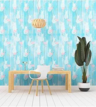 Papel de Parede infantil madeira com flamingo