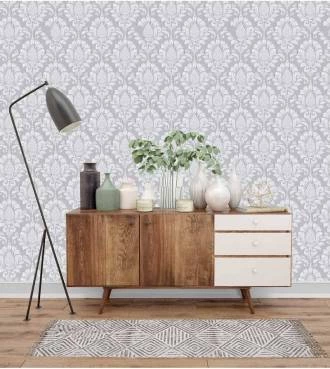 Papel de parede Damask branco com fundo cinza
