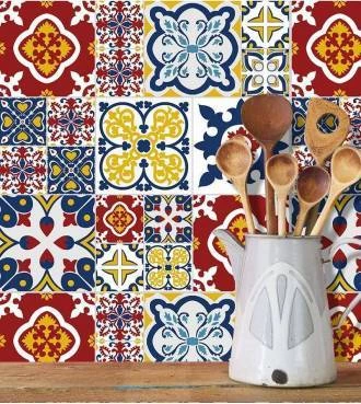 Adesivo de azulejo azul, vermelho e amarelo