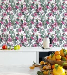 Papel de parede floral com cactos e suculentas