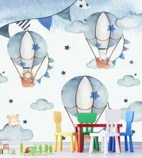 Papel de parede infantil de animais em balaões
