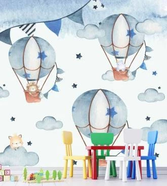 Papel de parede infantil de animais em balaões