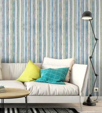 Papel de parede madeira ripas em tons azul