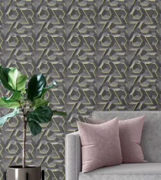 Papel de parede 3D cinza fios gold