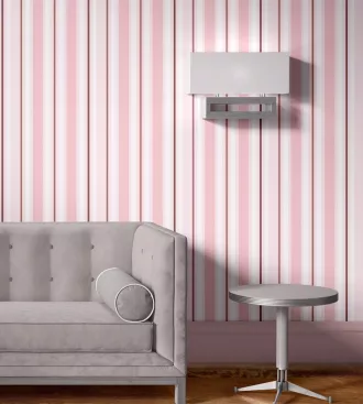 Papel de parede adesivo listrado feminino tons de rosa e branco