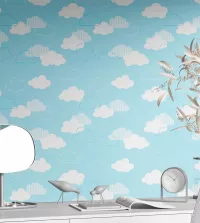 Papel de parede infantil azul com nuvens brancas 3314-8277