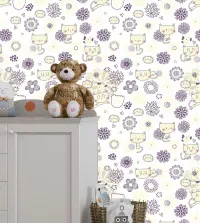 Papel de parede infantil gatinhos kawai com fundo claro 3438-8301