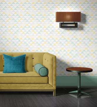 Papel de parede geométrico bebê amarelo azul e cinza