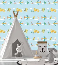 Papel de parede infantil aviõezinhos com fundo azul 3472-8406