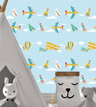 Papel de parede infantil aviõezinhos com fundo azul