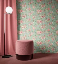Papel de parede rosas pequenas com fundo verde 3485-8441