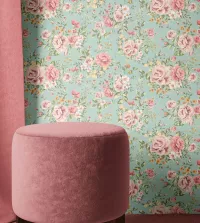 Papel de parede rosas pequenas com fundo verde 3485-8442