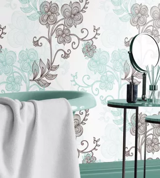 Papel de parede Floral em tons azul, com detalhes marrom