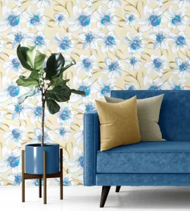 Papel de parede Floral com flores em tons de azul
