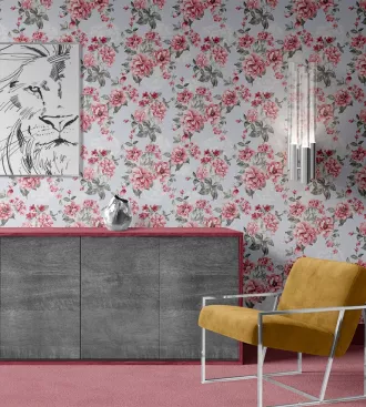 Papel de parede Floral rosas pequenas com fundo azul.