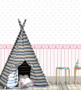Papel de parede infantil listras e coroas tons rosa