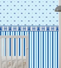 Papel de parede infantil com listras e faixa ursinho 3589-8729
